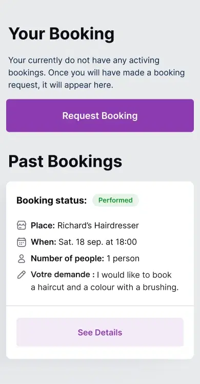 Live booking status screen with real-time confirmation details, tracking information, and reservation management